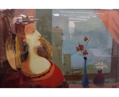 Modern acrylic depicting seated lady, signed 'Ruffi' lower-right,  together with a framed serigraph after 'Ferjo', signed and