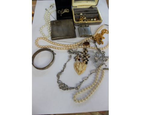 A small quantity of assorted costume jewellery; together with a silver cigarette case, a silver fruit knife and a white metal