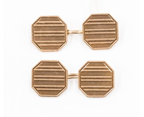 A pair of cased rose 9ct gold chain link cufflinks with engraved line decoration and octagonal in shape, with a weight of app