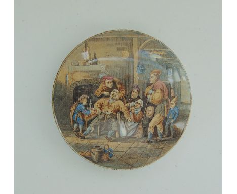One Staffordshire Prattware   Coloured Pot LidPrinted scene 'The Dentist'Date  Circa  1860Size         10.8cm DiamProvenance 