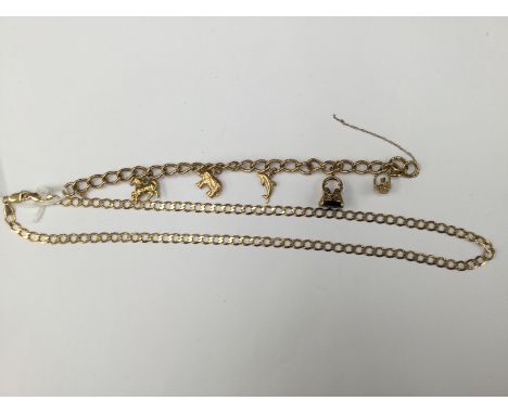 A 9ct gold curb chain, approx 12 grams, along with a charm bracelet, with five charms in 9ct gold (af) broken weight approx 2