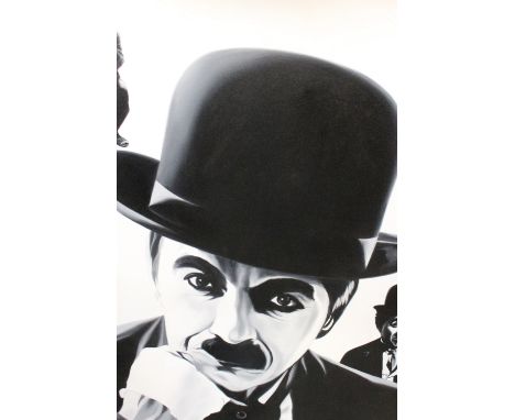 Hector "Monrock" Monroy (Mexican, Contemporary), oil on canvas, portrait of Charlie Chaplin. Signed. Approx. 85cm x 100cm (in