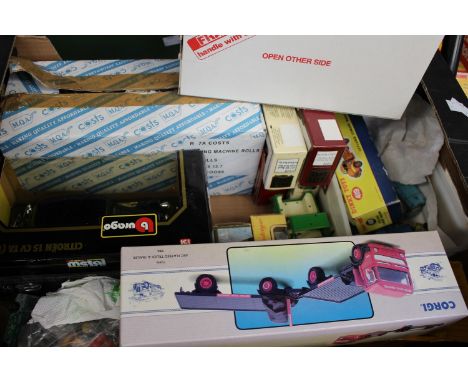 One box of assorted modern and vintage diecast vehicles, including Corgi, Matchbox, Burago and others.