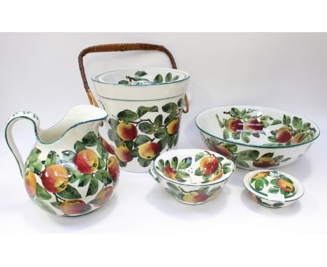 Wemyss ware - Orchard pattern (apples and leaves) jug and basin sponge bowl and drainer, soap dish drainer and cover and bedr