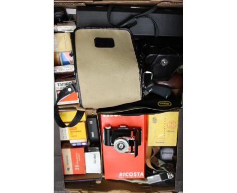 Two boxes of cameras and camera equipment: Nikkormat, Olympus, Zeiss Ikon, Kodak, cased Tamron zoom lense, 200-500 mil, etc 