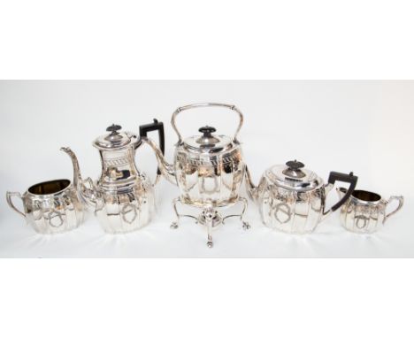 Victorian five part tea service to include spirit kettle, coffee pot, teapot, milk and sugar with chased design (5) 