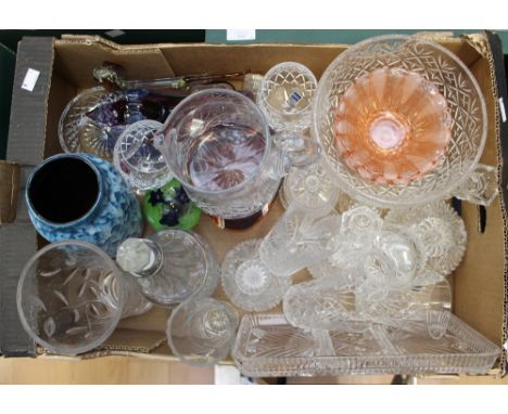 A quantity of glassware to include Murano, cut glass drinking glasses, decanter, jug, etc and retro glasses (two boxes) 