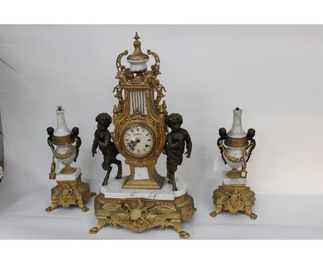  Italian empire style clock garniture veined white marble cherubs and fawns with detail led decorative gilding clock face, en