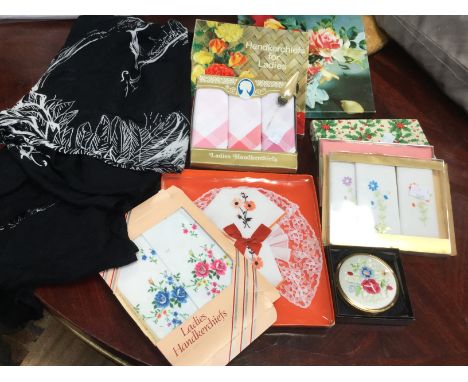 Quantity of boxed ladies handkerchiefs, scarf and hat pin