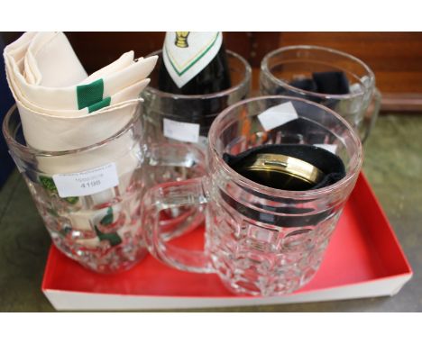 Brewery memorabilia - double diamond powder compact, tie, head scarf, beer and four tankards 