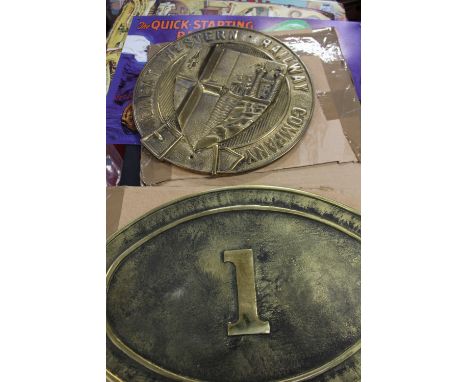 Circular brass plaque for Great Western Railway plus large brass bridge sign number 1, Great Western Railway lamp room sign, 