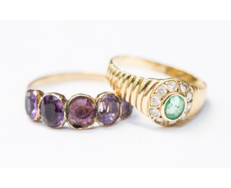 A 9ct gold ring set with five faceted amethyst, (af) chips to the stones, along with a  with a yellow metal probably 18ct gol