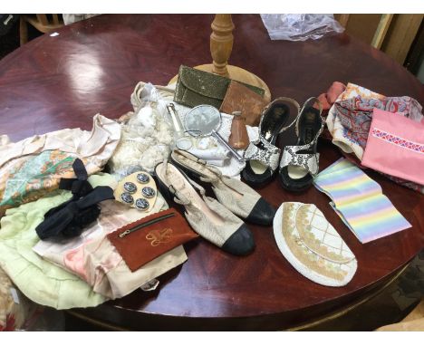 Crochet, ratting cottons, Raques 1960s shoes and another pair, leather ware and vintage textiles etc parcel lot (2 bags)