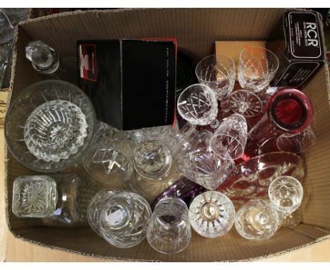 A quantity of glassware to include a large Cranberry glass vase, cut glass decanter and glasses, etc 