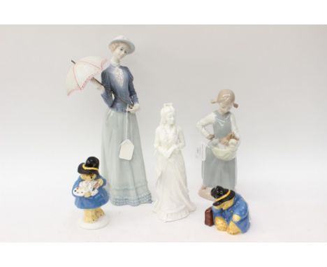 A Royal Doulton Blanc de Chine figurine; together with a Nao figurine, another two Coalport Paddington figures (5) 