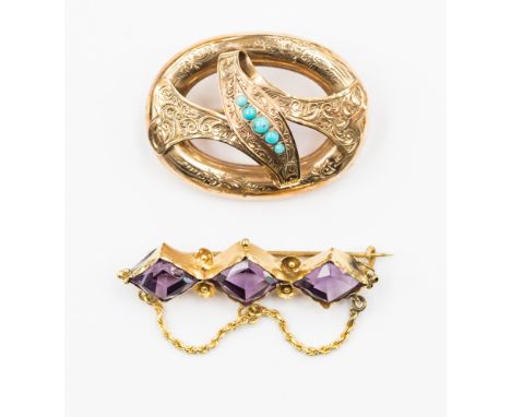 Two Victorian brooches, comprising an amethyst three stone brooch with flower and rope chain details, along with an oval tubu