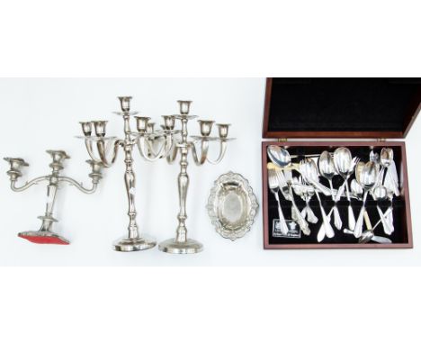 An incomplete cased set of Arthur Price flatware; together with three candelabra and a silver plated tray with fluted edge (5