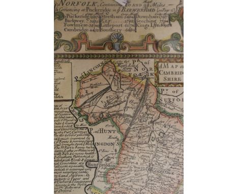 Collection of 18th-century county road maps by Owen & Bowen, hand-coloured copper engravings on laid/chain-lined paper, frame