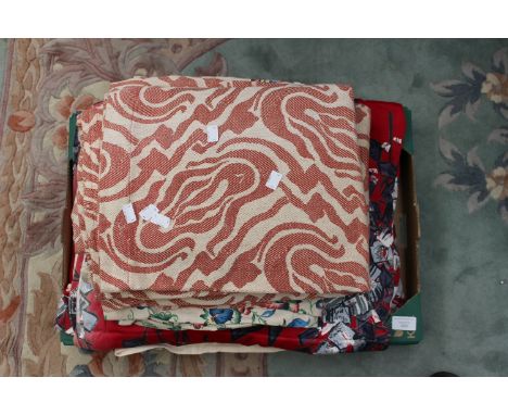 A pair of 1930's beige pink curtains and a pair of floral, late 1940's curtains and a pair of abstract late 1950's red and gr