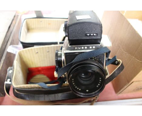 A cased Hubb 88 camera, Russian copy of English camera, with instructions for Kiev camera in Russian
