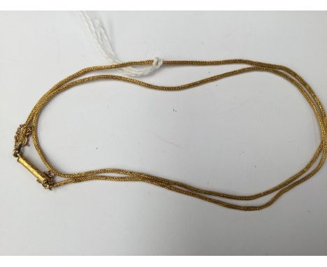 A yellow metal gilt lattice mesh necklace, high carat gold, with decorated barrel clasp and safety chain, weight approx 6.6 g