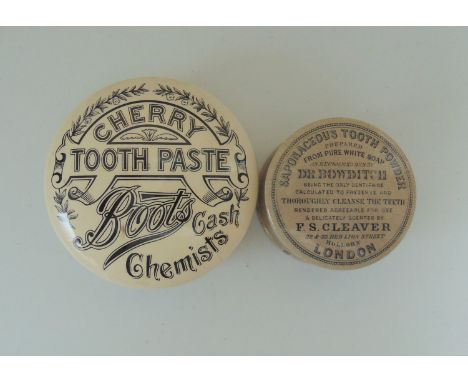 Two Staffordshire Monochrome Pot  Lid & BasesCherry Toothpaste-  Boots The ChemistSaponaceous Tooth Powder.- F S Cleaver  Lon