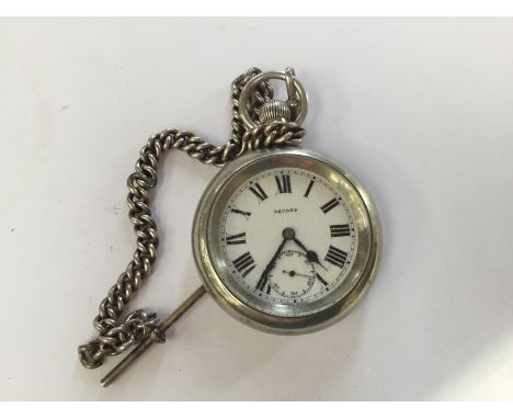 A Record London Midland Scottish white metal hunter pocket watch, with white metal chain, imprinted to reverse L.M.S. 16546