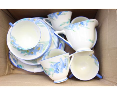 A 1930s Royal Doulton Deco part tea service; Reg No. 776716. six cups, saucers, sandwich plates, large plate, sugar bowl, mil