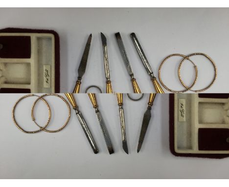 9ct gold cross and chain, earrings, chain and ring, approx 5.8gms, together with manicure implements gold plated handles and 