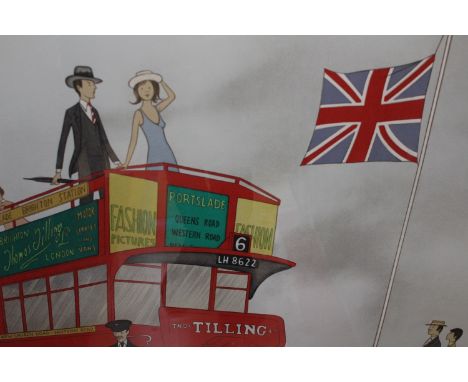 Denis Paul Noyer (French, b. 1940), lithograph, Tilling bus scene with figures. Framed & glazed, approx. 84cm x 86.5cm (inclu