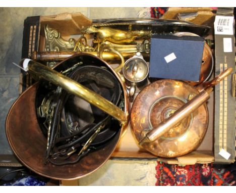 A copper coal helmet; together with a copper kettle, a chestnut roaster, horse brasses, a lamp, etc (one box) 