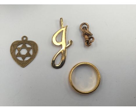 A 9ct gold pendant, 9ct rose gold clasp and an initial J gold pendant, combined total gross weight approx 3.4 grams, plus a 2