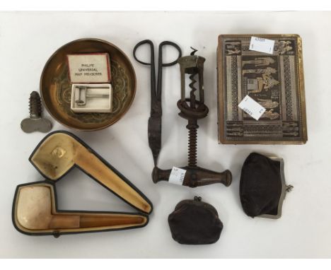 A collectors lot including a 19th century German split frame corkscrew, beech handle stamped Columbus and pat No ending: 0879