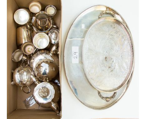 Four piece silver plated tea service, together with a large gallery tray, another and goblets, tankards etc (1 box) 