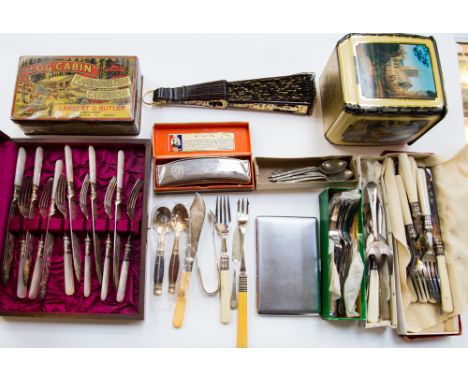 Mother of pearl handled EPNS fish eaters (19th century), pastry forks, pickle forks etc also tins, harmonica etc