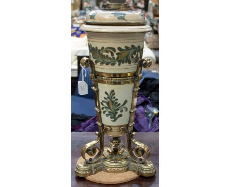 A Victorian brass and Art pottery stoneware oil lamp base, aesthetic movement metalwork, lacking fitting cast iron weight, si