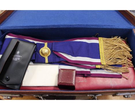 Masonic apron, sash and cufflinks Cairngorm and jewel 'Blackridge' Lodge 1973-74 Scottish Lodge, all in leather covered carry