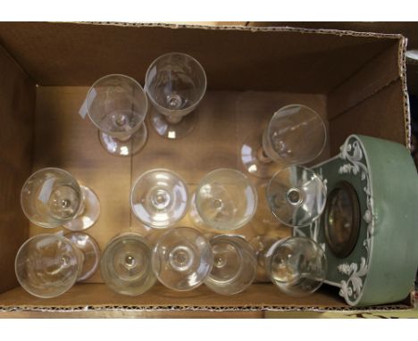 Six early 20th Century engraved Port or Sherry glasses and another, five engraved and one odd engraved (12) with a Jasperware
