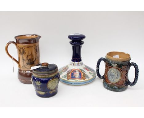 Royal Doulton stoneware jug commemorating Nelson and his captains together with a similar tobacco jar, a two handled cup and 