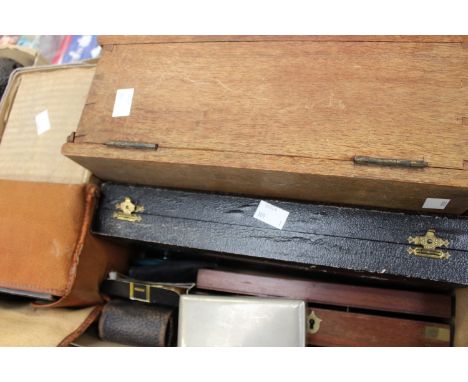 A Voightlander box camera; together with a cased set of fish servers, two Stratton compacts, two wooden boxes, razors, etc (o