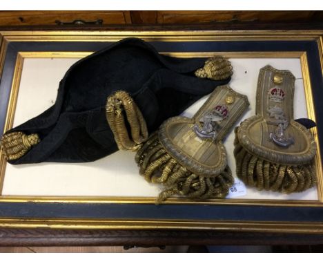 Royal Navy Officers Bicorn hat. Maker marked "Gieve, Mathew & Seagrove Ltd. Kings Crown button to side. And a pair of RN Capt