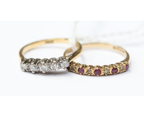 A diamond five stone half eternity ring set in 18ct gold, size L1/2, along with a 9ct gold ruby and diamond half eternity rin