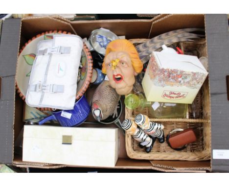 Wade animals, cruet set, painted terracota bowl, Devon ware etc to include jewel box and decanter and paperweight 