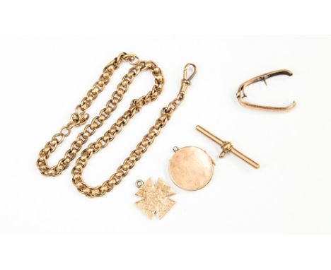 A 9ct rose gold Albert chain and separate T bar fastener, approx 15.5'' total; length  combined weight approx 35.3gms, , alon