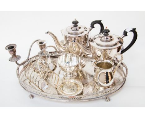 A silver plated four piece tea service, together with a large gallery tray a/f, a candelabra, toast rack and coasters (1 box)