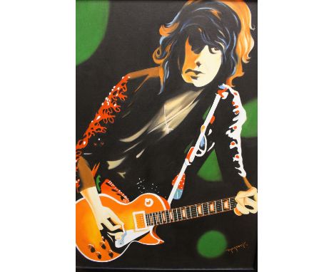 Hector "Monrock" Monroy (Mexican, Contemporary), oil on canvas, portrait of Jimmy Page playing guitar. Signed. Approx. 65.5cm