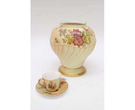 A Royal Worcester blush ivory pot (cover missing) spring flowers pattern, with a similar miniature cup and saucer (saucer af)