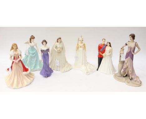 Seven figurines, Royal Worcester Queen Elizabeth II on her Wedding day, Coalport Her Majesty Queen Elizabeth II, Connoisseur 