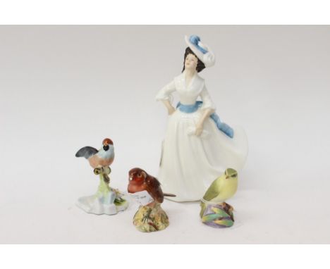 A Royal Adderley 'chickadee' Royal Worcester wood warbler and Beswick robin, together with a Royal Doulton 'Margaret' figurin