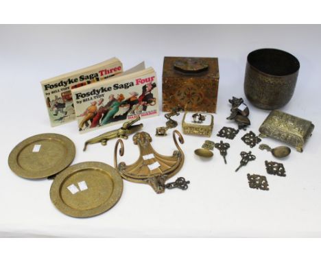 19th and early 20th century brassware, Indian, Japanese trinket boxes, two cartoon books, caddy spoons etc